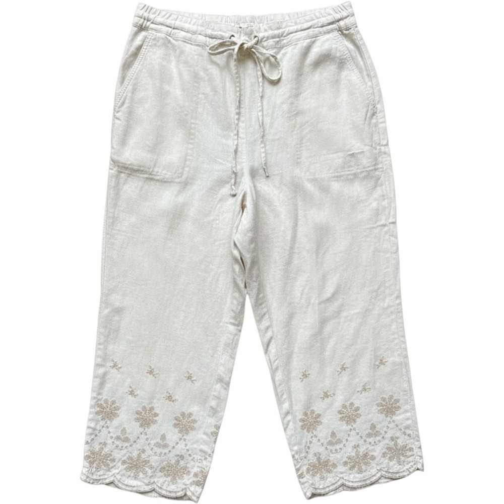 Cynthia Rowley Womens 2X Linen Blend Embroidered Scallop Hem Crop Pants Beige